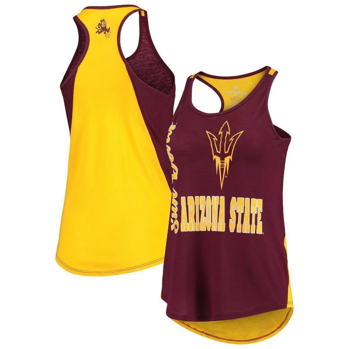 Colosseum Women's Maroon/Gold Arizona State Sun Devils George Glass 2-Hit Scoop Neck Racerback Tank Top 1 Colosseum Women's Maroon/Gold Arizona State Sun Devils George Glass 2-Hit Scoop Neck Racerback Tank Top