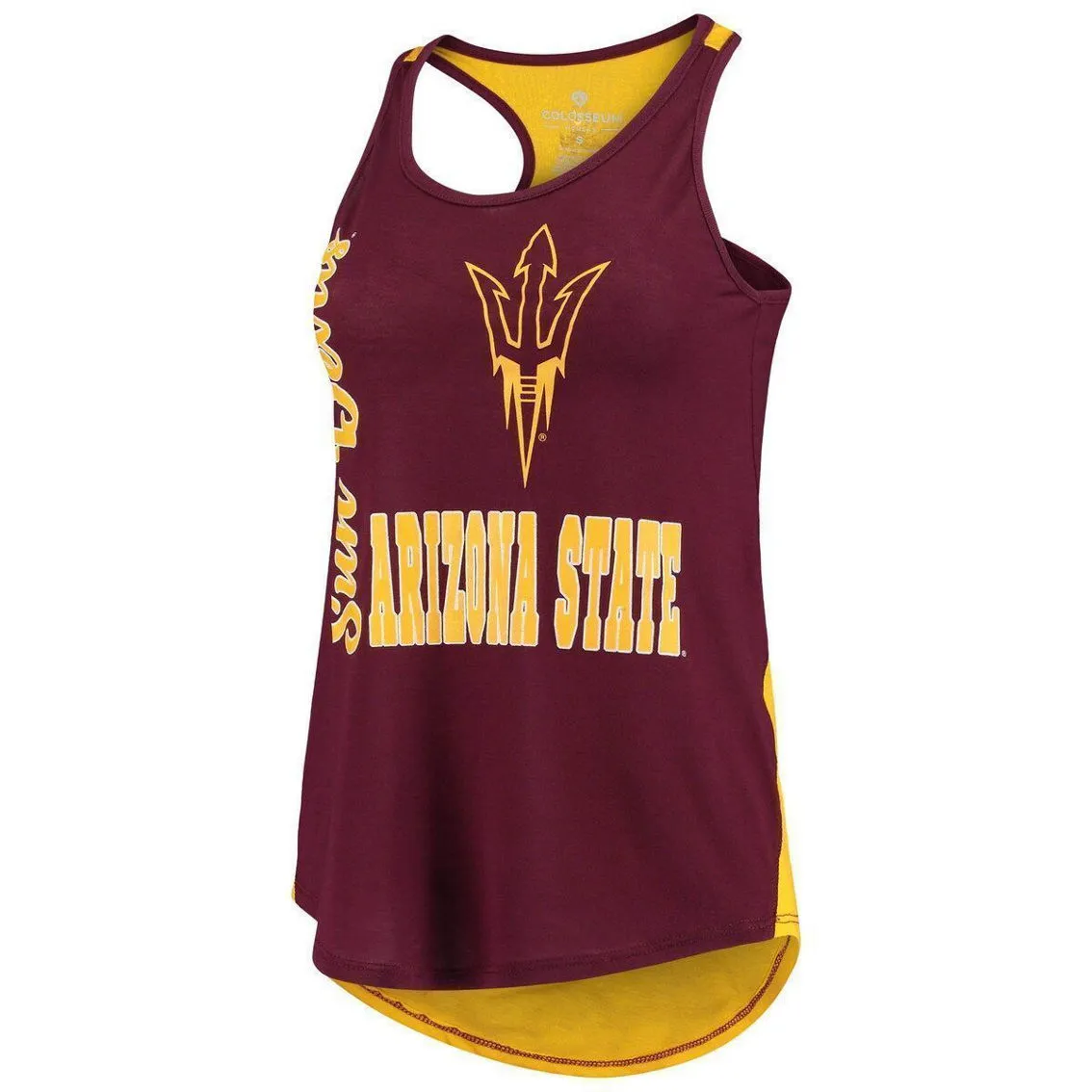 Colosseum Women's Maroon/Gold Arizona State Sun Devils George Glass 2-Hit Scoop Neck Racerback Tank Top 3 Colosseum Women's Maroon/Gold Arizona State Sun Devils George Glass 2-Hit Scoop Neck Racerback Tank Top - Image 3