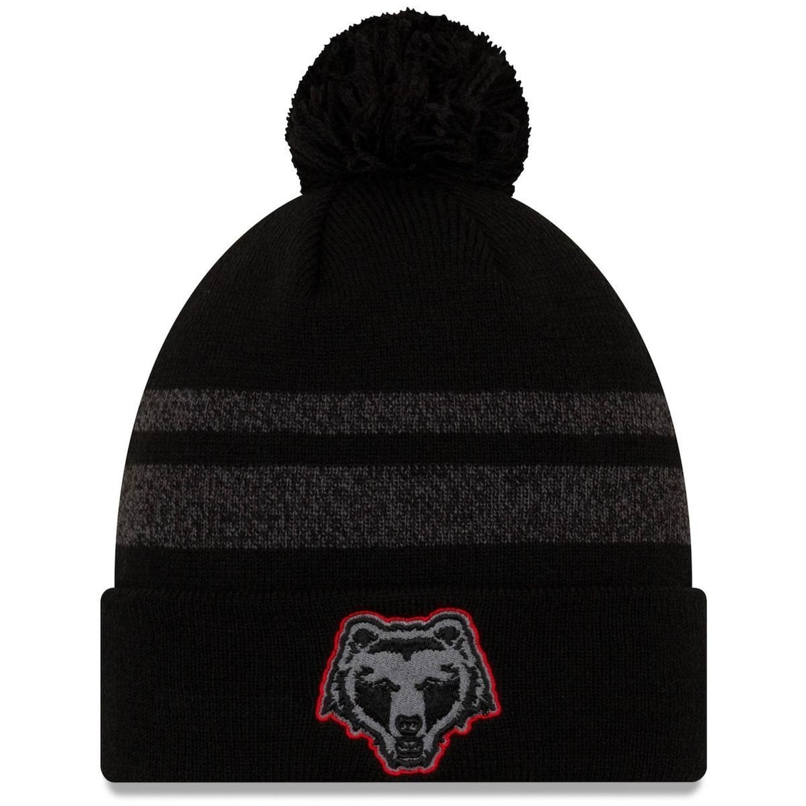 New Era Men's Black/Heathered Gray Brown Bears Static Cuffed Knit Hat With Pom 1 New Era Men's Black/Heathered Gray Brown Bears Static Cuffed Knit Hat With Pom
