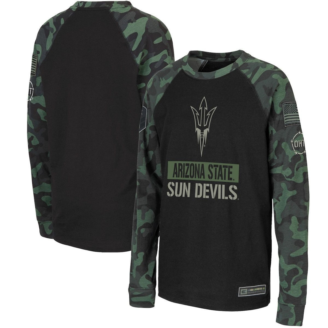 Colosseum Youth Black/Camo Arizona State Sun Devils OHT Military Appreciation Raglan Long Sleeve T-Shirt 1 Colosseum Youth Black/Camo Arizona State Sun Devils OHT Military Appreciation Raglan Long Sleeve T-Shirt
