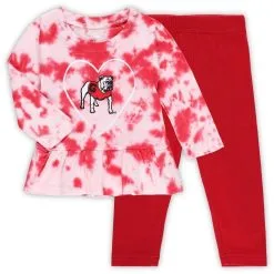 Wes & Willy Girls Infant Red Georgia Bulldogs Tie-Dye Ruffle Raglan Long Sleeve T-Shirt & Leggings Set