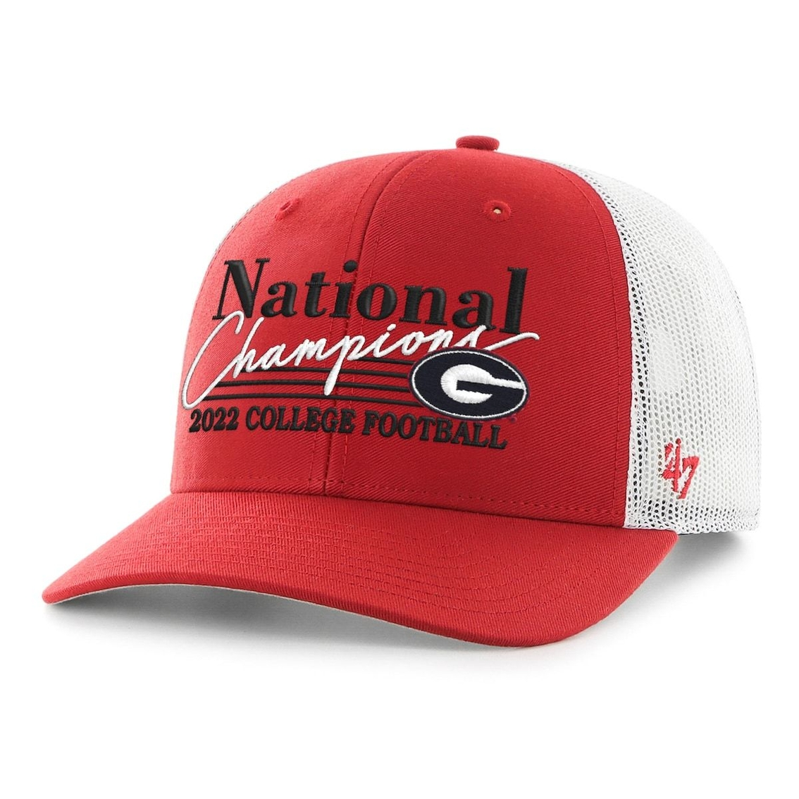 Men's '47 Red Georgia Bulldogs College Football Playoff 2022 National Champions Script Trucker Snapback Adjustable Hat 1 Men's '47 Red Georgia Bulldogs College Football Playoff 2022 National Champions Script Trucker Snapback Adjustable Hat