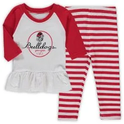 Wes & Willy Girls Infant White/Red Georgia Bulldogs Stripe Raglan Long Sleeve T-Shirt & Leggings Set